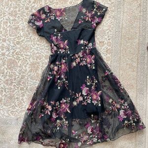 Black Tulle Embroidered Cocktail or Wedding Guest  Dress -  Size S